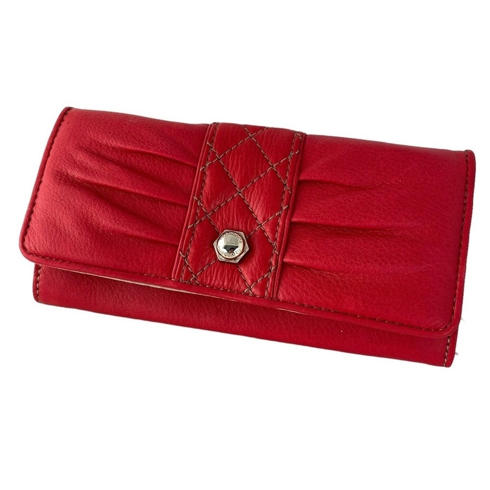 Liz Claiborne Vintage Pebbled Leather Wallet Clutch Red Pleated Quilt Flap NIB